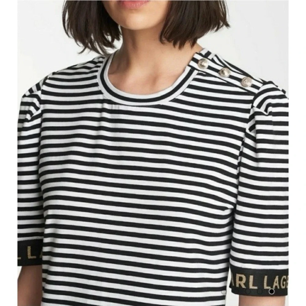 Karl Lagerfeld Paris‎ Striped Logo Tape Puff Sleeve Tshirt Dress Sz XS - Picture 2 of 11